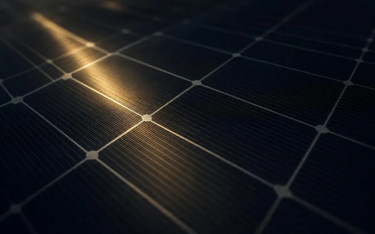 Detalle macro de las células de una placa solar con el reflejo del sol poniente