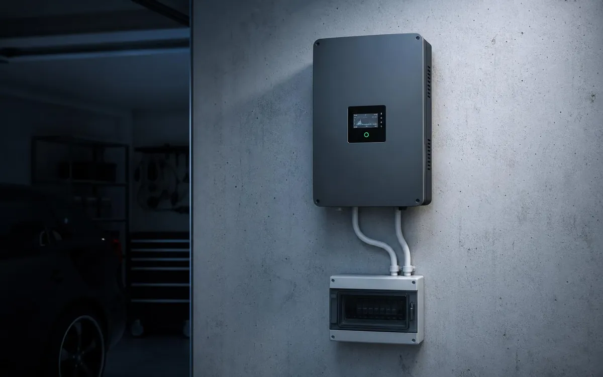 Inversor solar doméstico instalado en la pared de un garaje, con el cableado recogido