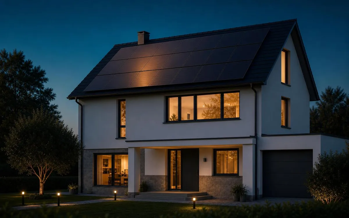 La vivienda al anochecer con la instalación terminada y las luces encendidas